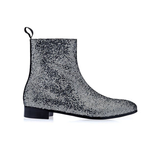 SUPERGLAMOUROUS Berry Square Men's Shoes Silver Calf-Skin Leather Glittered Canvas Ankle Boots (SPGM1247)-AmbrogioShoes