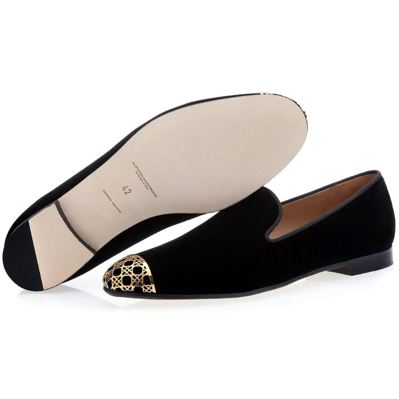 Super Glamourous Carraway Men's Shoes Black Velour Velvet Slipper Loafers (SPGM1038)-AmbrogioShoes