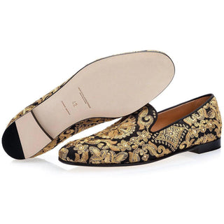 SUPERGLAMOUROUS Harley Yamka Black & Gold Embroidered Canvas Loafers (SPGM1028)-AmbrogioShoes