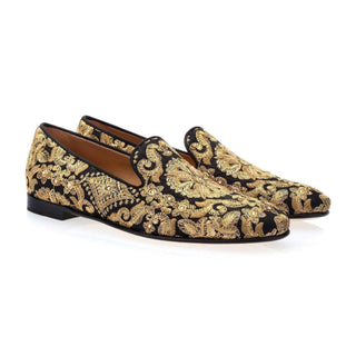 SUPERGLAMOUROUS Harley Yamka Black & Gold Embroidered Canvas Loafers (SPGM1028)-AmbrogioShoes