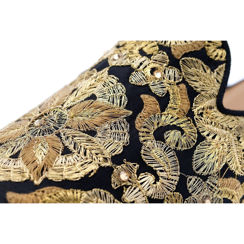 Super Glamourous Harley Yamka Men's Shoes Black & Gold Embroidered Canvas Slipper Mules (SPGM1026)-AmbrogioShoes