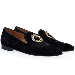 Super Glamourous Lacruz Mastrop Men's Shoes Black Distressed Velvet Slipper Loafers (SPGM1037)-AmbrogioShoes