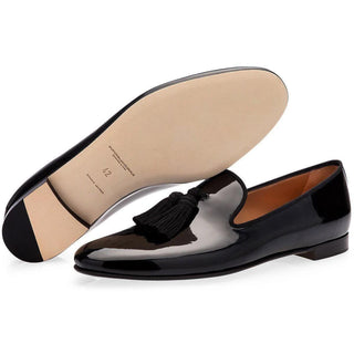 SUPERGLAMOUROUS Louis Black Silk Patent Leather Tassel Slipper Formal Loafers (SPGM1134)-AmbrogioShoes