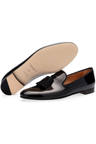 SUPERGLAMOUROUS Louis Black Silk Patent Tassel Slipper Formal Loafers (SPGM1134)-AmbrogioShoes