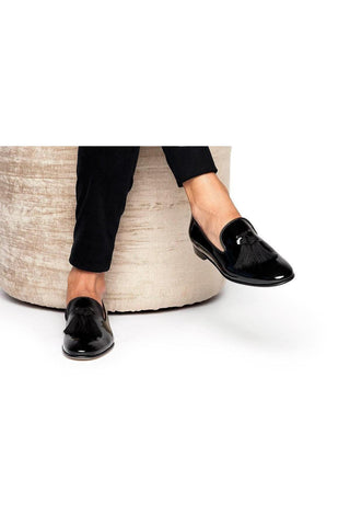 SUPERGLAMOUROUS Louis Black Silk Patent Tassel Slipper Formal Loafers (SPGM1134)-AmbrogioShoes