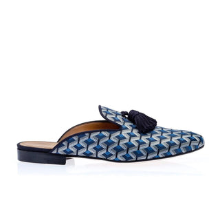 Super Glamourous Louis Labaria Men's Shoes Navy Jacquard Satin Slipper Mules (SPGM1015)-AmbrogioShoes