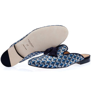 Super Glamourous Louis Labaria Men's Shoes Navy Jacquard Satin Slipper Mules (SPGM1015)-AmbrogioShoes