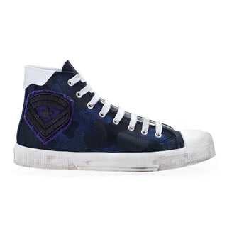 Super Glamourous Major Combact Men's Shoes Navy Jacquard Canvas Casual High-Top Sneakers (SPGM1031)-AmbrogioShoes