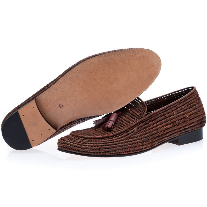 SUPERGLAMOUROUS Melilla Rafia Men's Shoes Brown Fabric Tassel Loafers (SPGM1157)-AmbrogioShoes