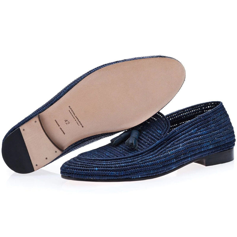 Super Glamourous Melilla Rafia Men's Shoes Navy Fabric Tassel Loafers (SPGM1058)-AmbrogioShoes