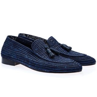 SUPERGLAMOUROUS Melilla Rafia Men's Shoes Navy Fabric Tassel Loafers (SPGMS1058)-AmbrogioShoes