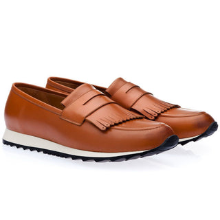 SUPERGLAMOUROUS Men's Shoes Cognac Cesar Nappa Calf-Skin Leather Fringed Sneakers (SPGM1209)-AmbrogioShoes