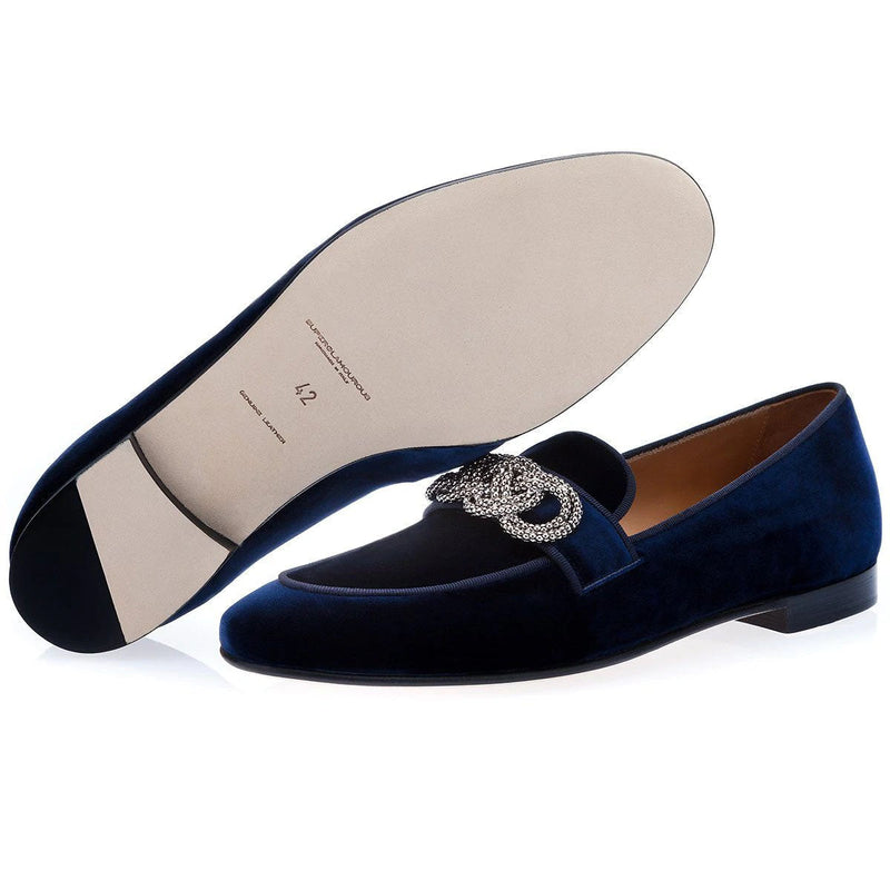 Super Glamourous Morosino Men's Shoes Navy Velour Velvet Slipper Loafers (SPGM1032)-AmbrogioShoes
