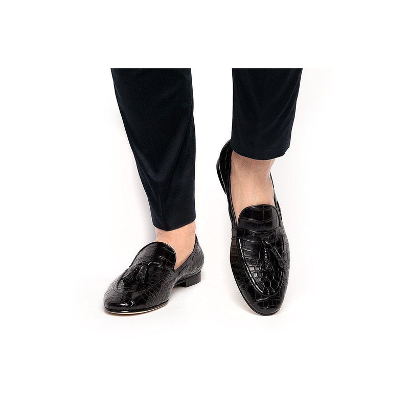 SUPERGLAMOUROUS Philippe Mississipi Men's Shoes Black Exotic Alligator Tassels Loafers (SPGM1096)-AmbrogioShoes