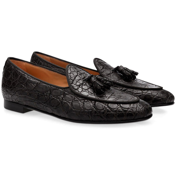 SUPERGLAMOUROUS Tangerine 2 Mississipi Men's Shoes Black Exotic Caiman Crocodile Belgian Loafers (SPGM1089)-AmbrogioShoes