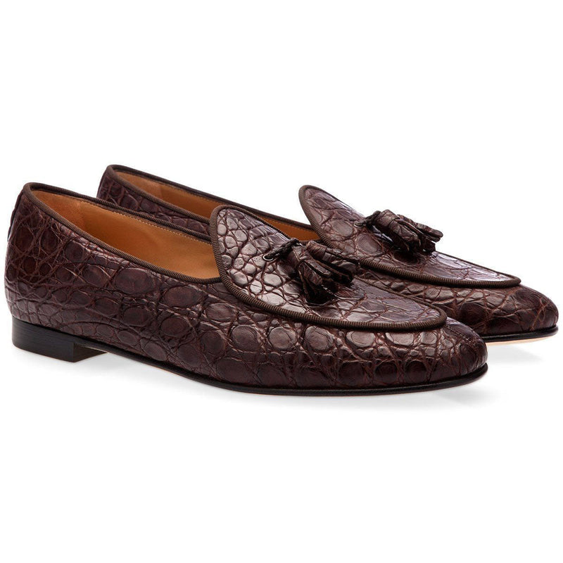 SUPERGLAMOUROUS Tangerine 2 Mississipi Men's Shoes Dark Brown Exotic Caiman Crocodile Belgian Loafers (SPGM1095)-AmbrogioShoes