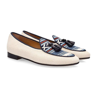 SUPERGLAMOUROUS Tangerine 2 Navy & White Canvas Belgian Loafers (SPGMS1010)-AmbrogioShoes