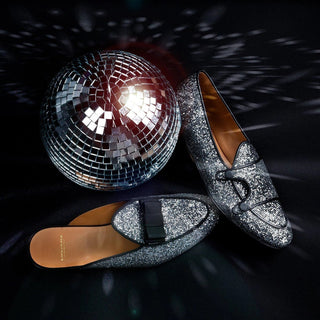 Super Glamourous Tangerine 3 Square Men's Shoes Silver Glitter Canvas Monk-Straps Slipper Mules (SPGM1025)-AmbrogioShoes