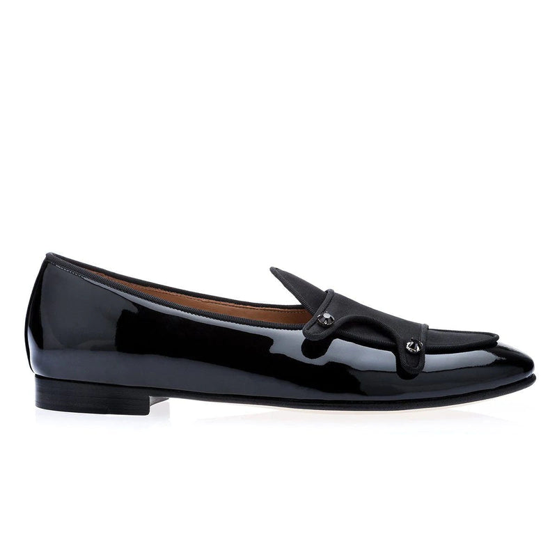 Super Glamourous Tangerine 7 Multi Men's Shoes Black Satin / Patent Leather Monk-Straps Belgian Loafers (SPGM1023)-AmbrogioShoes