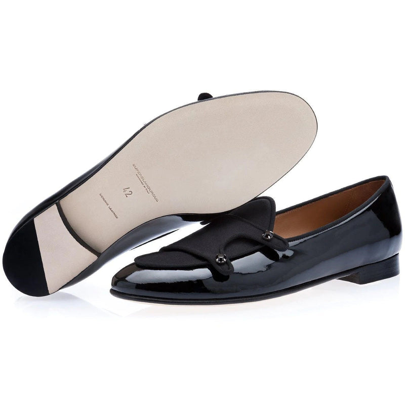 Super Glamourous Tangerine 7 Multi Men's Shoes Black Satin / Patent Leather Monk-Straps Belgian Loafers (SPGM1023)-AmbrogioShoes