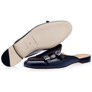 SUPERGLAMOUROUS Tangerine 7 Navy Polished Leather Monk-Straps Belgian Slipper Mules (SPGM1241)-AmbrogioShoes