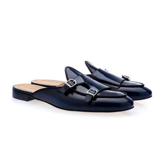 SUPERGLAMOUROUS Tangerine 7 Navy Polished Leather Monk-Straps Belgian Slipper Mules (SPGM1241)-AmbrogioShoes