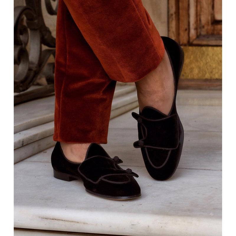 Super Glamourous Tangerine 7 Velour Men's Shoes Black Velvet Monk-Straps Belgian Loafers (SPGM1022)-AmbrogioShoes