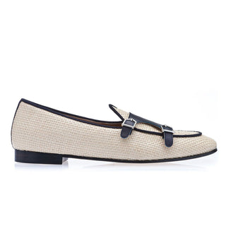 SUPERGLAMOUROUS Tangerine 7 White & Navy Woven Rafia / Leather Monk-Straps Loafers (SPGM1130)-AmbrogioShoes