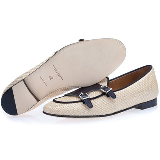 SUPERGLAMOUROUS Tangerine 7 White & Navy Woven Rafia / Leather Monk-Straps Loafers (SPGM1130)-AmbrogioShoes