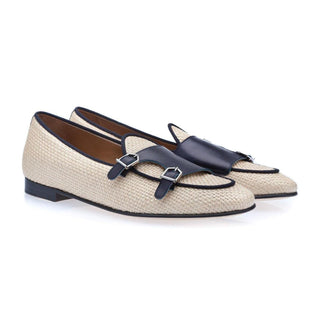 SUPERGLAMOUROUS Tangerine 7 White & Navy Woven Rafia / Leather Monk-Straps Loafers (SPGM1130)-AmbrogioShoes
