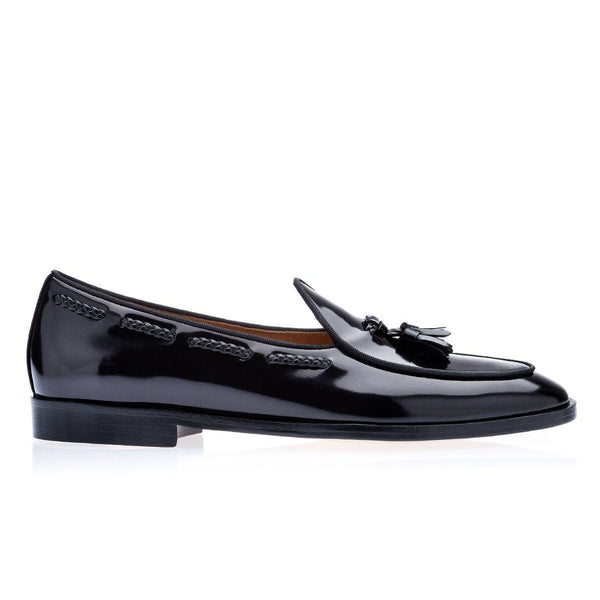 SUPERGLAMOUROUS Tangerine 8 Brushed Men's Shoes Black Polished Leather Belgian Loafers (SPGM1152)-AmbrogioShoes