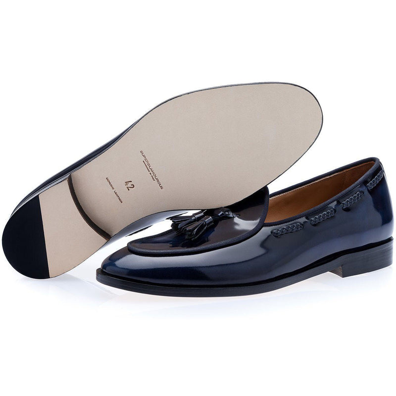 SUPERGLAMOUROUS Tangerine 8 Brushed Men's Shoes Navy Polished Leather Belgian Loafers (SPGM1154)-AmbrogioShoes