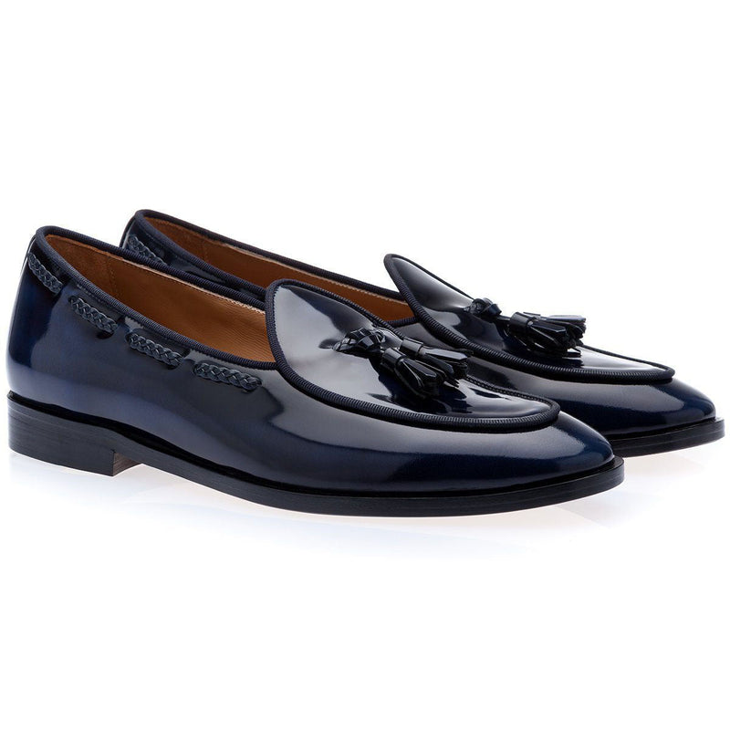 SUPERGLAMOUROUS Tangerine 8 Brushed Men's Shoes Navy Polished Leather Belgian Loafers (SPGM1154)-AmbrogioShoes