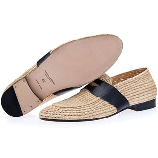 Super Glamourous Tetuan Rafia Men's Shoes Beige Fabric Penny Loafers (SPGM1059)-AmbrogioShoes