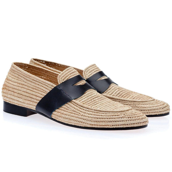 Super Glamourous Tetuan Rafia Men's Shoes Beige Fabric Penny Loafers (SPGM1059)-AmbrogioShoes