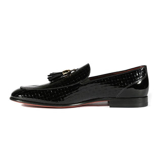 Valentino 19673 Men's Shoes Black Woven Patent Leather Tassels Formal Loafers (VAL1005)-AmbrogioShoes
