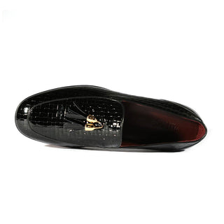 Valentino 19673 Men's Shoes Black Woven Patent Leather Tassels Formal Loafers (VAL1005)-AmbrogioShoes