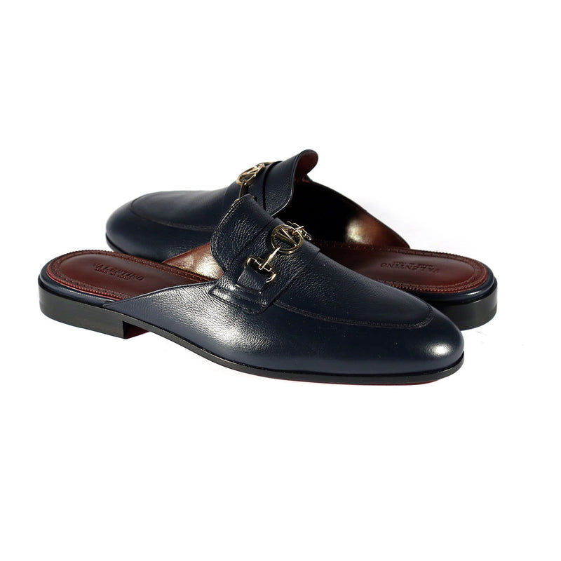 Valentino 19700/M Men's Shoes Navy Blue Calf-Skin Leather Slipper Mules (VAL1002)-AmbrogioShoes