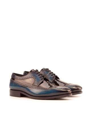 Ambrogio Black & Denim Blue Patent / Patina Leather Longwing Blucher Oxfords (AMB1381)-AmbrogioShoes