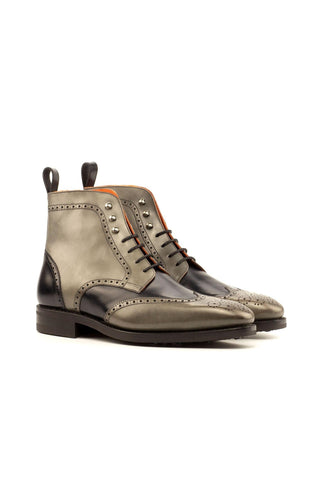 Ambrogio Black & Gray Calf-Skin Leather Military Brogue Boots(AMB1401)-AmbrogioShoes
