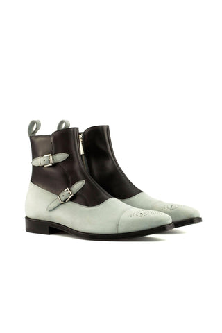 Ambrogio Black & White Suede / Calf-Skin Leather Atticus Double Buckle Boots (AMB1392)-AmbrogioShoes