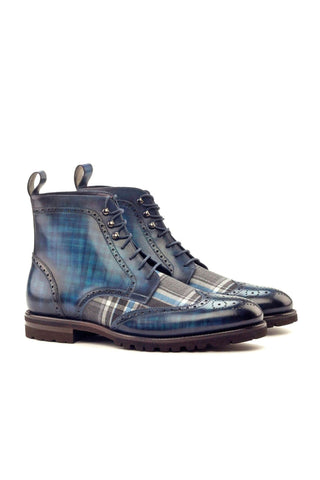 Ambrogio Blue Combination Fabric / Patina Leather Military Brogue Boots (AMB1410)-AmbrogioShoes