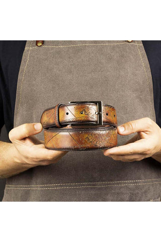 Ambrogio Cartography Fire Patina Leather Hampton Men's Belt (AMBB1048)-AmbrogioShoes
