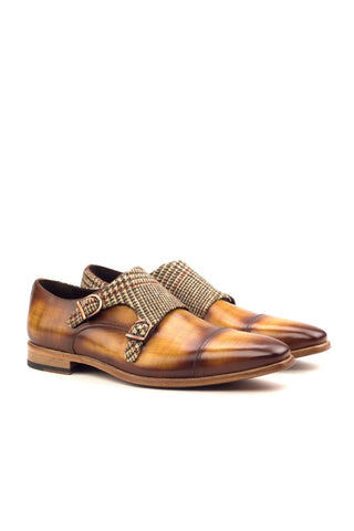 Ambrogio Handmade Men's Handmade Custom Made Shoes Beige & Cognac Patina Leather Monk-Straps Loafers (AMB1267)-AmbrogioShoes