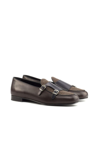 Ambrogio Handmade Men's Handmade Custom Made Shoes Black & Brown Flannel Fabric / Calf-Skin Leather Monk Slipper Loafers (AMB1283)-AmbrogioShoes