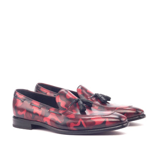 Ambrogio Handmade Men's Handmade Custom Made Shoes Black & Red Camo Patina Leather Tassels Loafers (AMB1263)-AmbrogioShoes