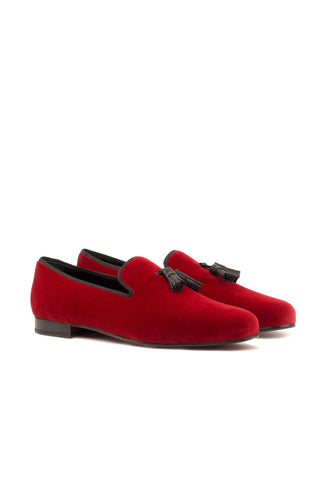 Ambrogio Handmade Men's Handmade Custom Made Shoes Black & Red Velvet / Calf-Skin Leather Tassels Wellington Loafers (AMB1321)-AmbrogioShoes