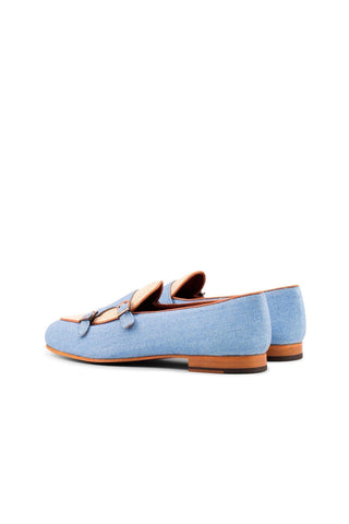 Ambrogio Handmade Men's Handmade Custom Made Shoes Blue & Beige Linen Fabric Monk Slipper Loafers (AMB1274)-AmbrogioShoes