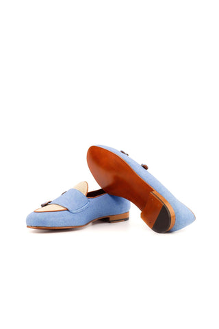Ambrogio Handmade Men's Handmade Custom Made Shoes Blue & Beige Linen Fabric Monk Slipper Loafers (AMB1274)-AmbrogioShoes