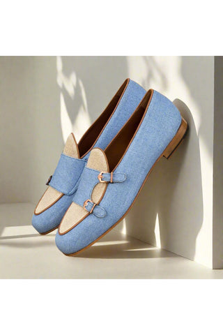 Ambrogio Handmade Men's Handmade Custom Made Shoes Blue & Beige Linen Fabric Monk Slipper Loafers (AMB1274)-AmbrogioShoes